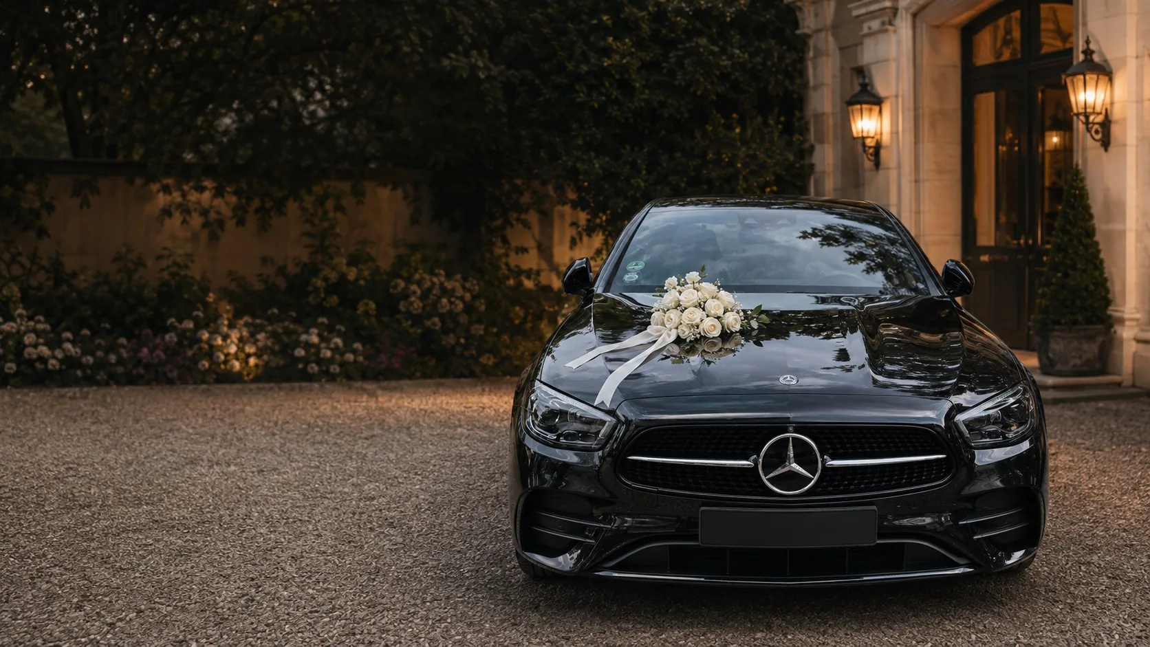 Mistral Luxury Hochzeitsservice – Mercedes E-Klasse mit Brautstrauß vor der Villa